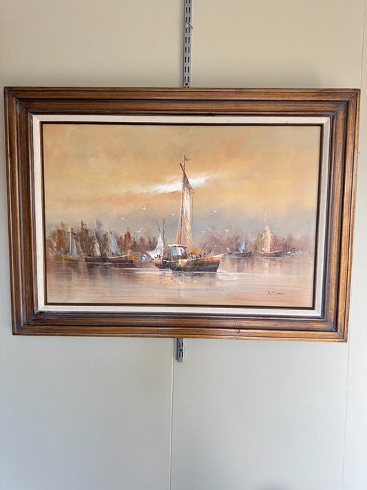Vintage Original Harbor Sailboat Oil Painting Canvas Signed “Ziljard” – 30”x44