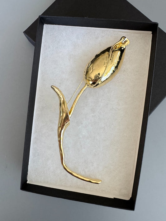 Elegant Gold Tulip Flower Brooch – Large Statement Pin, Vintage-Inspired Jewelry
