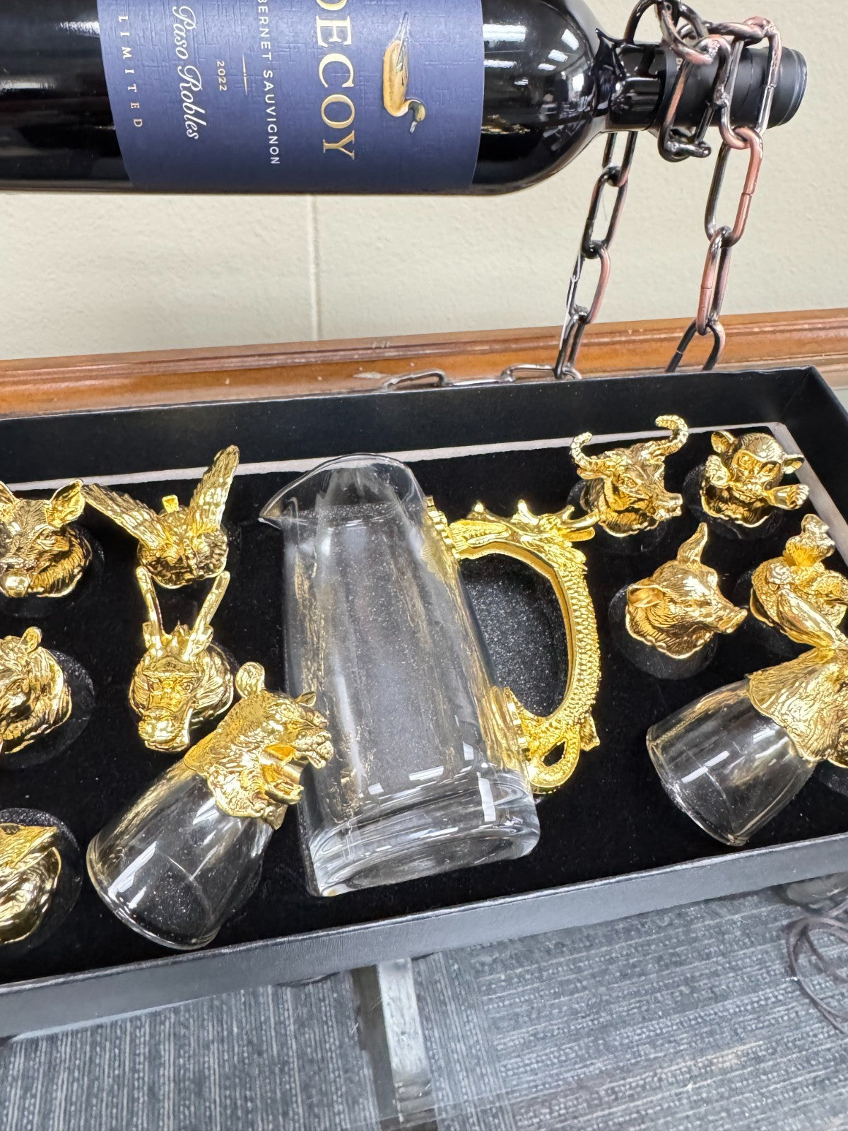 Chinese Zodiac Animal Head 12 Glass Shot Glasses with Golden Dragon Handle Gift