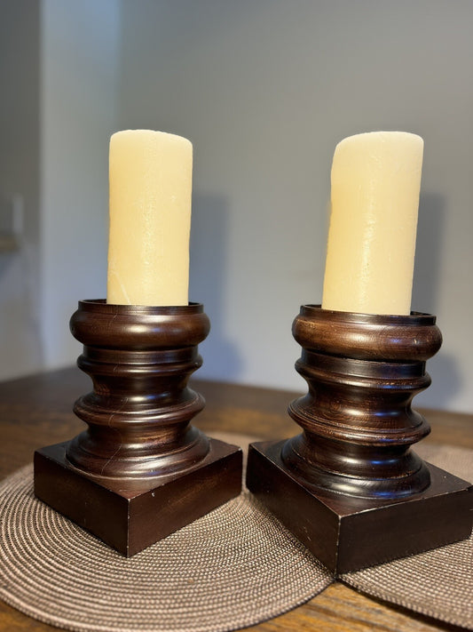 Set Of 2 Vintage Candle Holders Wood Decorative Original Design Handmade