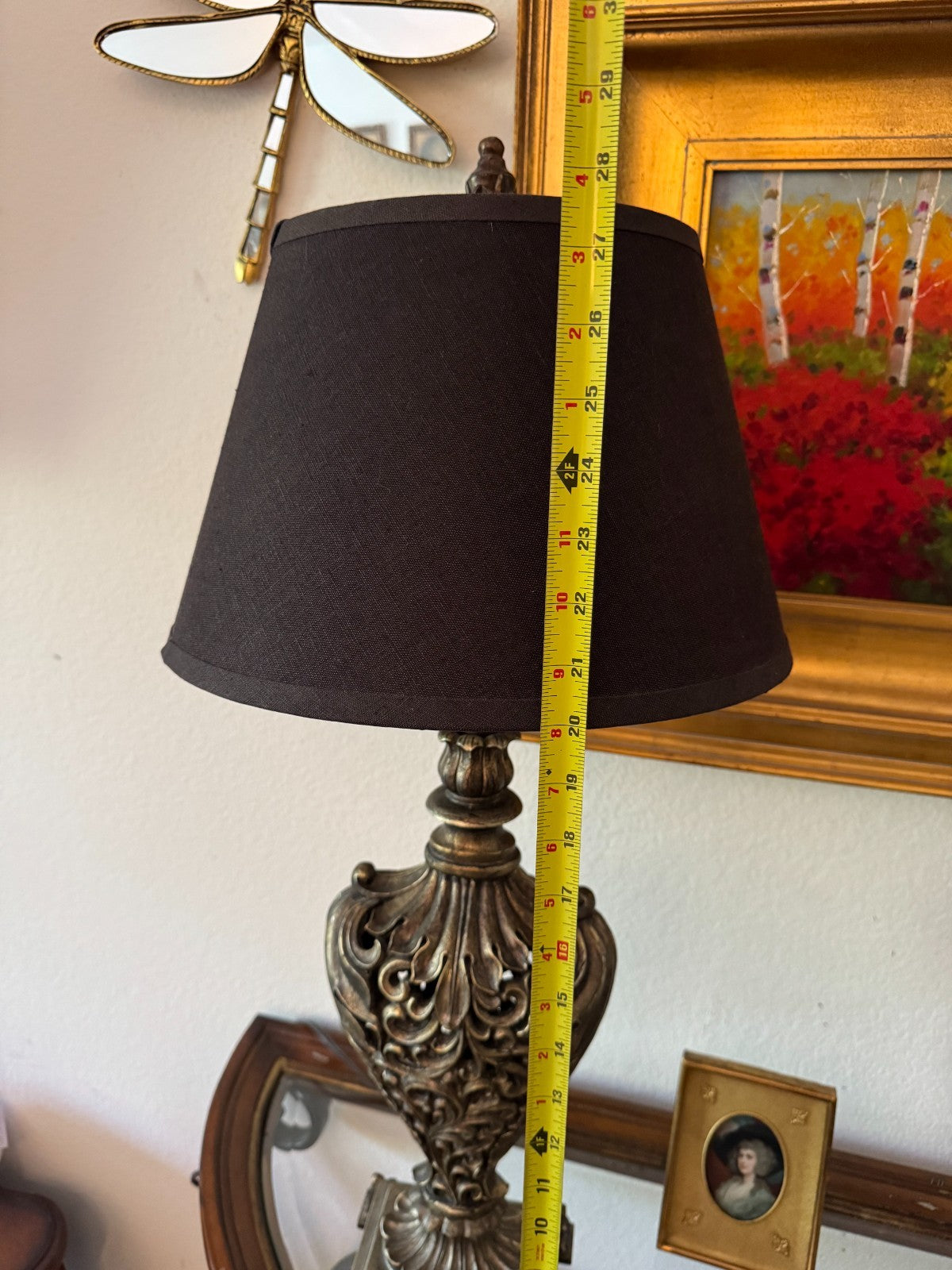 Vintage Ornate Bronze-Style Resin Table Lamp Black Shade – 28” Tall