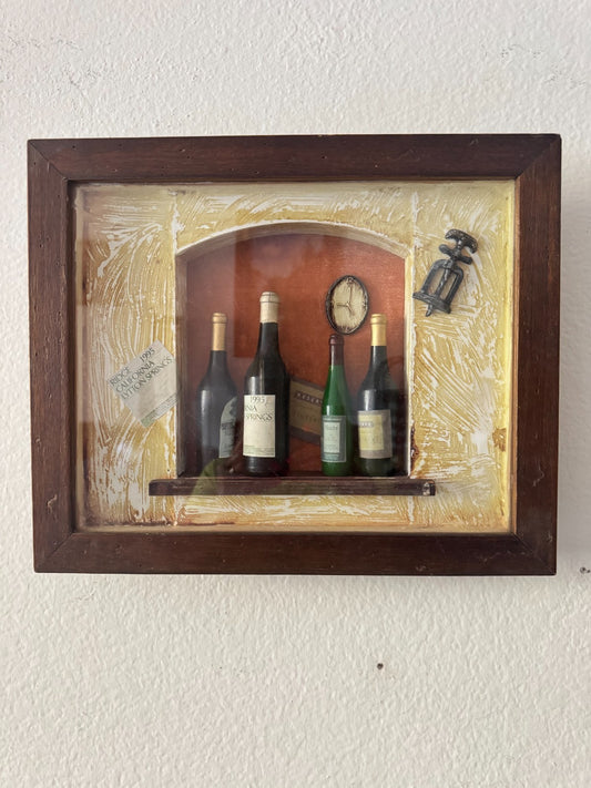 Vintage Shadow Box Wall Art Wine Bottles & Corkscrew 3D Kitchen Décor 1995 Calif
