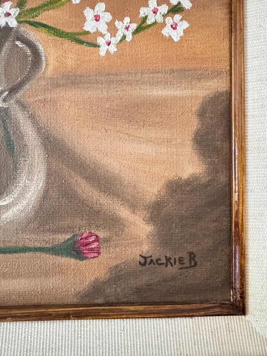 Vintage Floral Still Life Painting by Jackie B Original Oil on Mid-20th 16”x13”