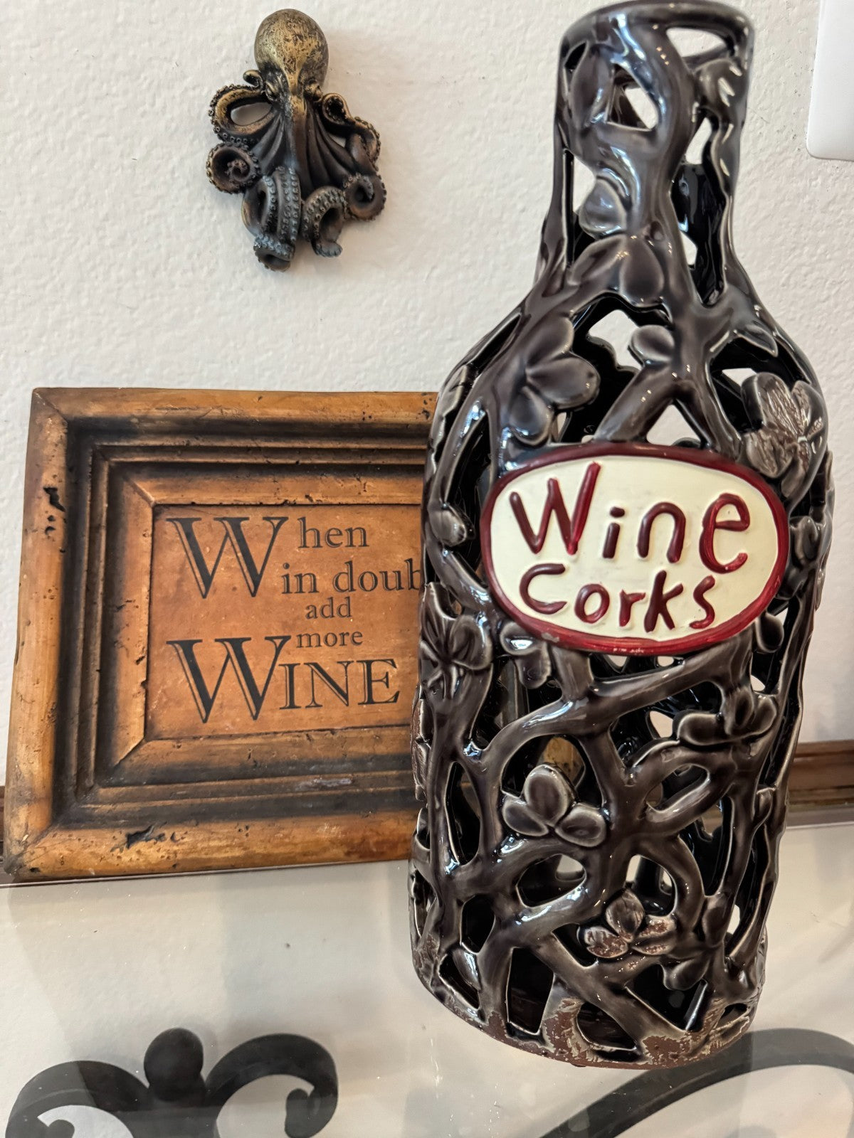 Decorative Ceramic Wine Cork Holder Bottle – Cutout Vine Design, 14” Tall