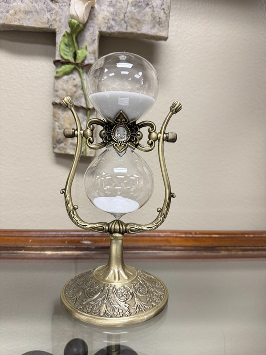 Gold Hourglass Timer with Ornate Enamel Base – 8” Decorative Sand Timer