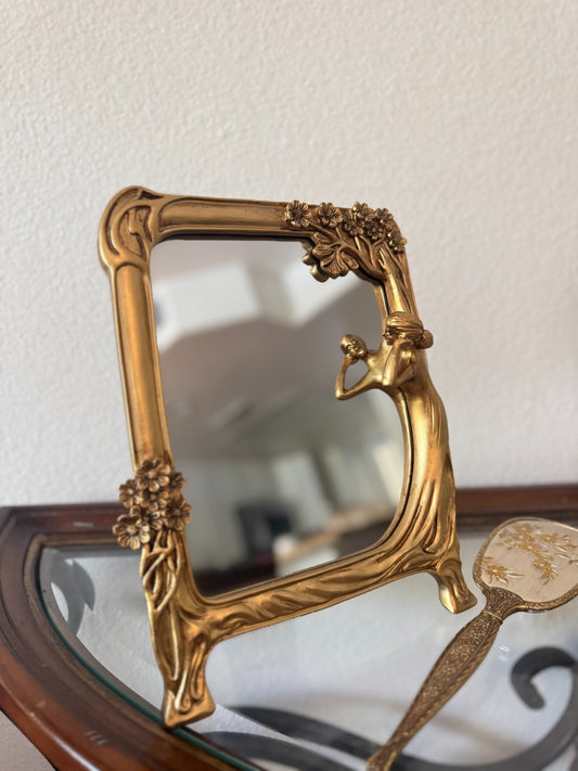 Art Nouveau Style Gold Resin Vanity Mirror – Woman & Floral Frame – 8” x 11”