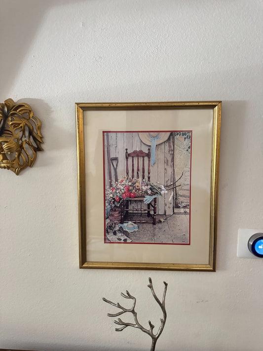 Framed Norman Rockwell II Print “Porch Scene with Flowers & Chair” 19x23 Vintage