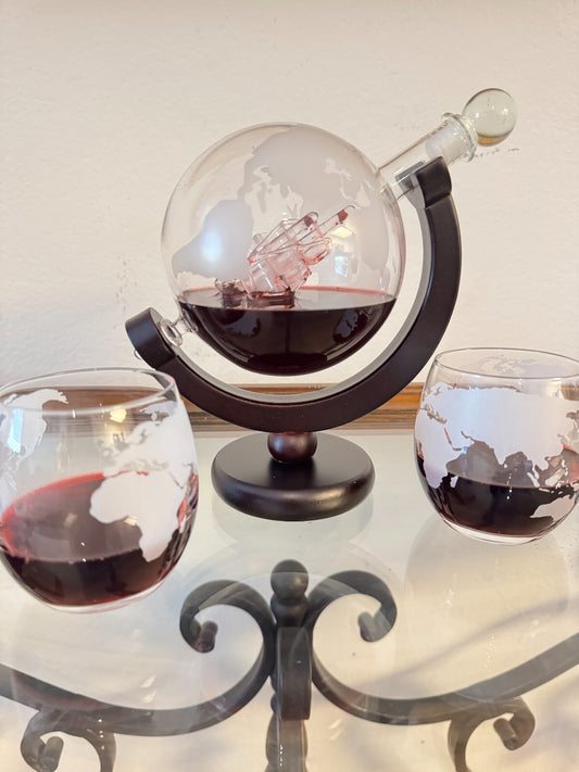 Whiskey Decanter Globe Set with Ship Inside + 2 Etched Glasses – World Map