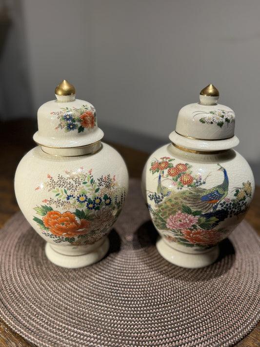 VINTAGE Set Of 2 Japanese Satsuma Vase-ware Colored porcelain Peacock