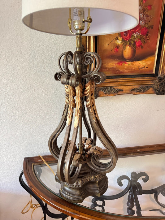 Vintage Metal Stiffel Candelabra Lamp With Ornate Leaf Detailing & Fabric Shade