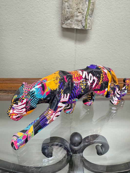 Colorful Abstract Panther Figurine – Modern Pop Art Resin Sculpture, 10” Long