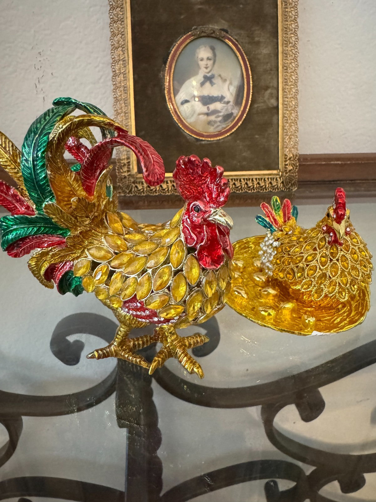 Colorful Set Rooster & Hen Jeweled Trinket Box – Hinged Jewelry Storage Figurin