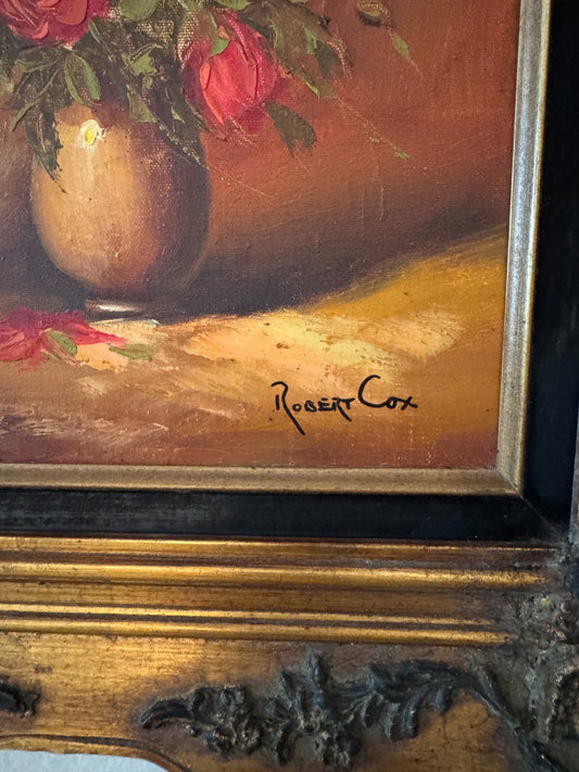Vintage Robert Cox Original Oil Painting Floral Handcrafted Wooden Gold Frame
