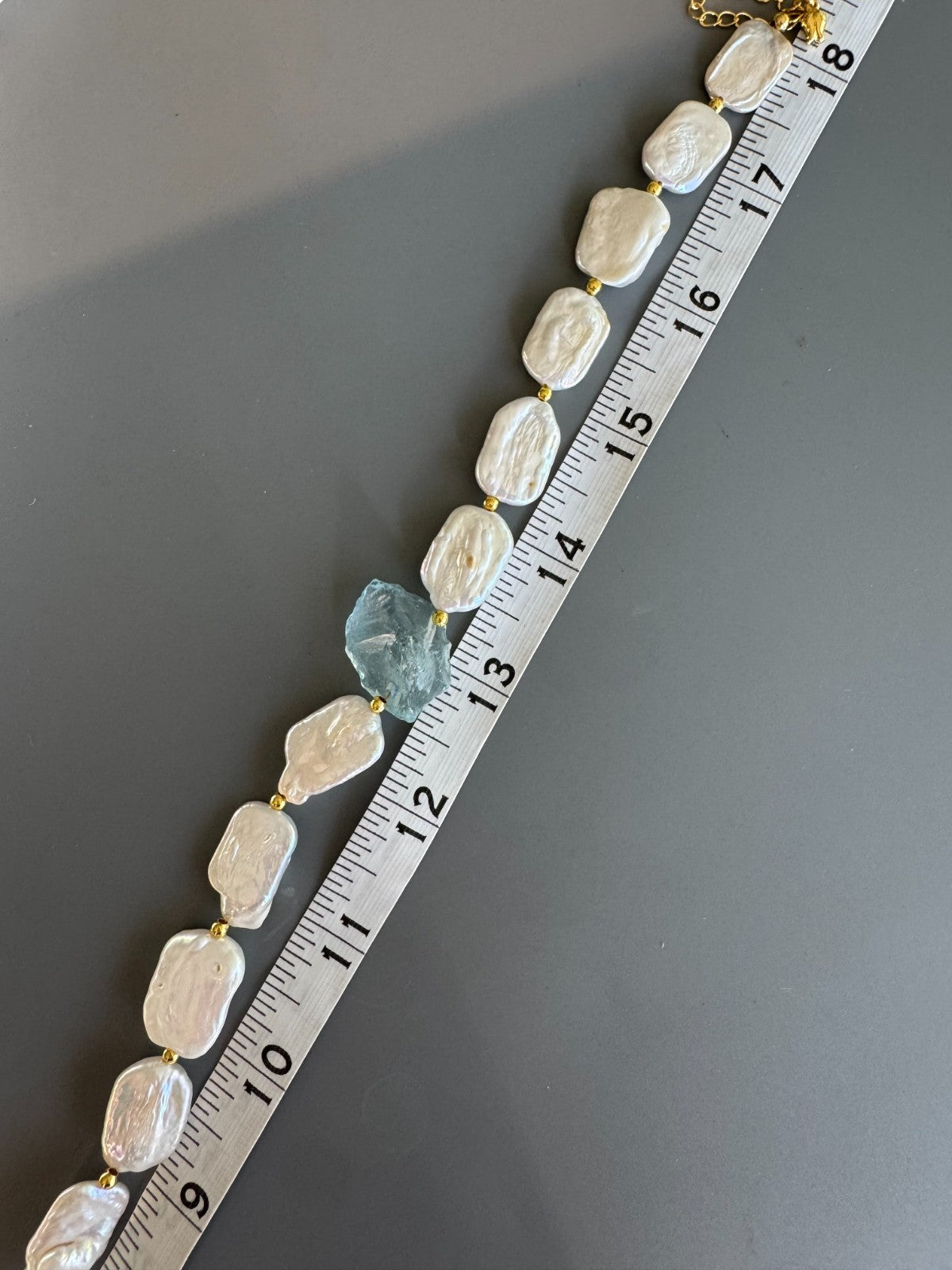 Natural Baroque Pearl & Raw Aquamarine Gemstone Necklace – 18” Adjustable, Handm