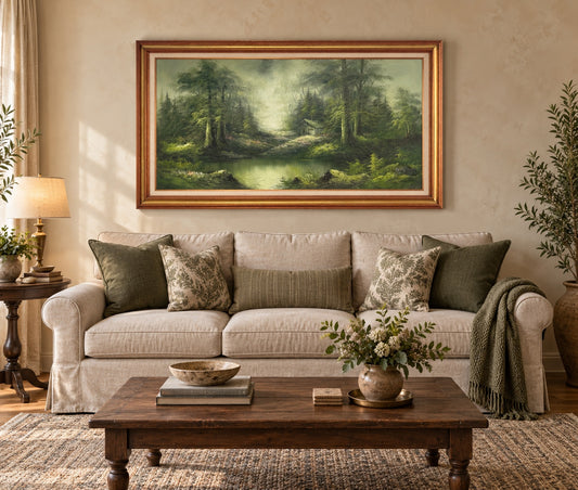 Large Vintage Original Oil Painting on Canvas – Signed Forest Landscape 54"x30"
