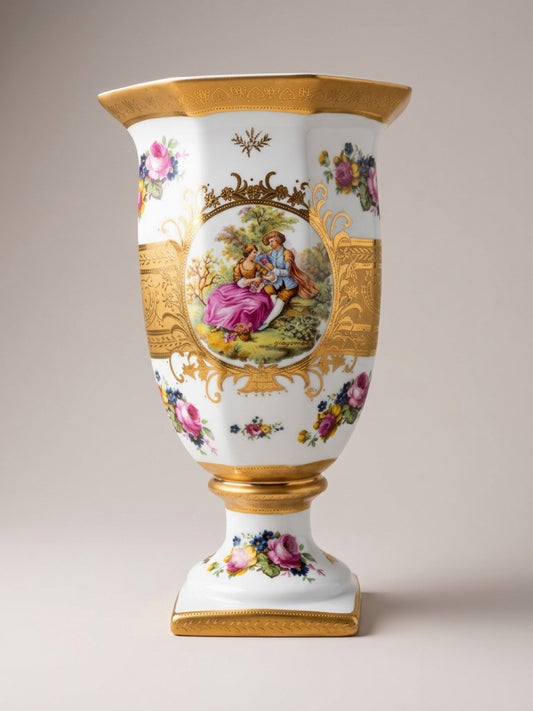 Vintage Fragonard Romeo & Juliet Gold Gilt Porcelain Vase Urn Set of Two