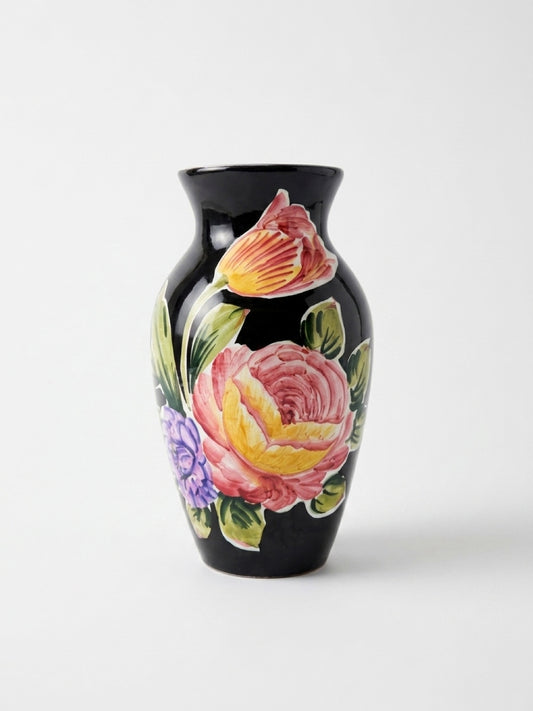 Vintage Ancora Italian Hand Painted Mary Rose Vase – Black Floral Ceramic Tall 10"