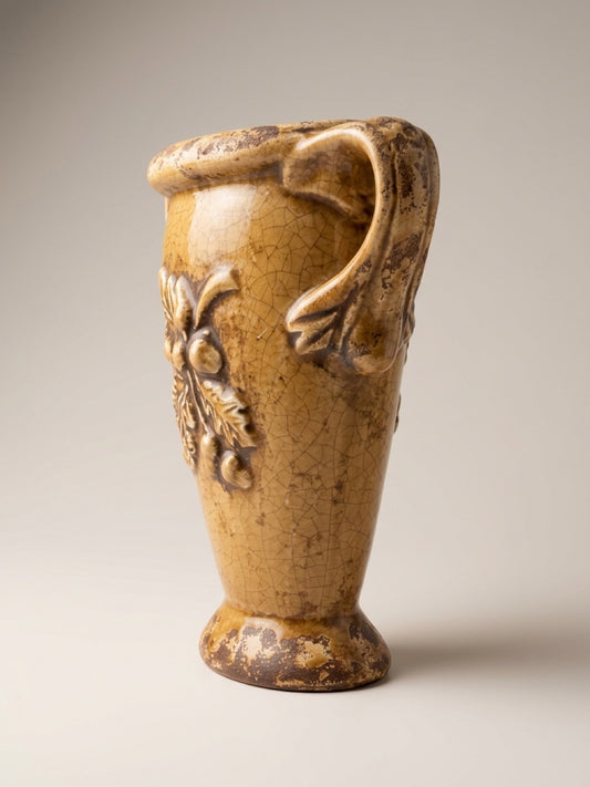 Vintage Ceramic Vase with Handles - Crackle Glaze, Oak Leaf & Acorn Relief,