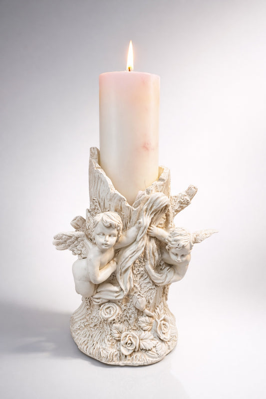 Vintage Angel Candle Holder Cherub Figurine Romantic Home Decor White Sculpture 10''