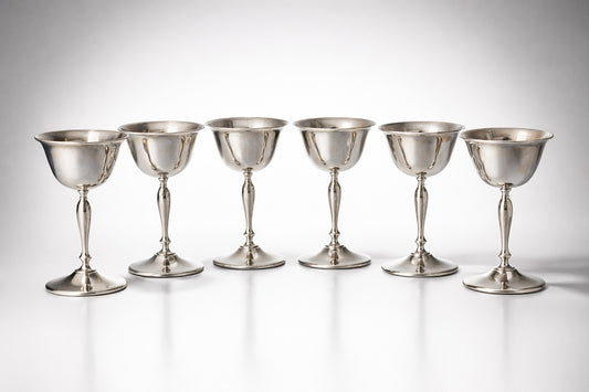 Vintage Silver Plate Goblets Set of 6 • Pedestal Wine Cups • Wedding Table Decor • Mid Century Barware • Renaissance Style Drinkware
