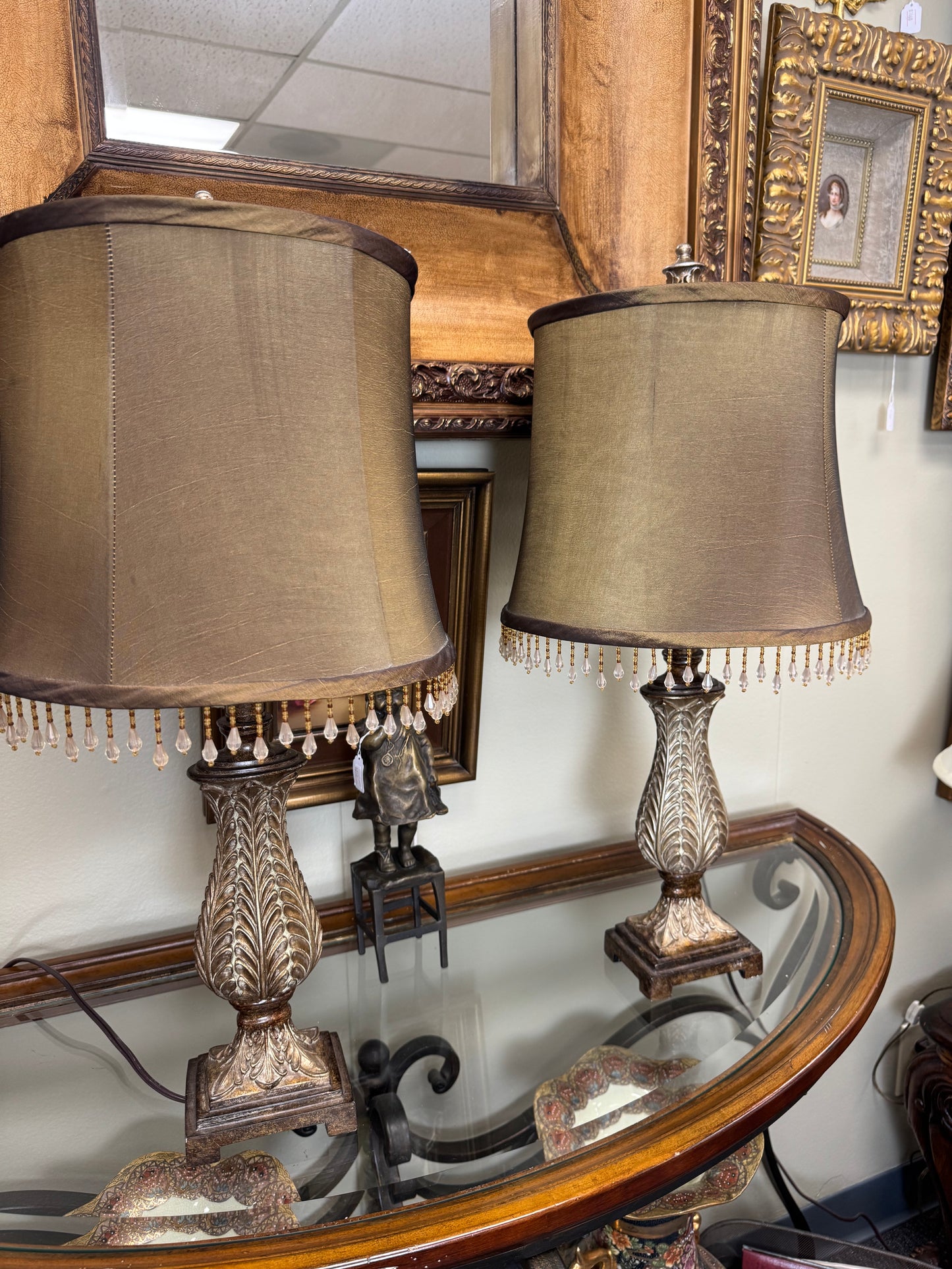 Pair of Decorative Table Lamps With Beaded Shades – Elegant Resin Base Lamps – 24” Tall