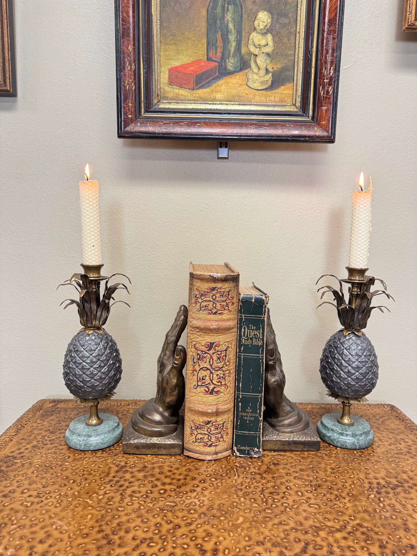 Vintage Brass Pineapple Candle Holders Set of 2 with Marble Bases 11”