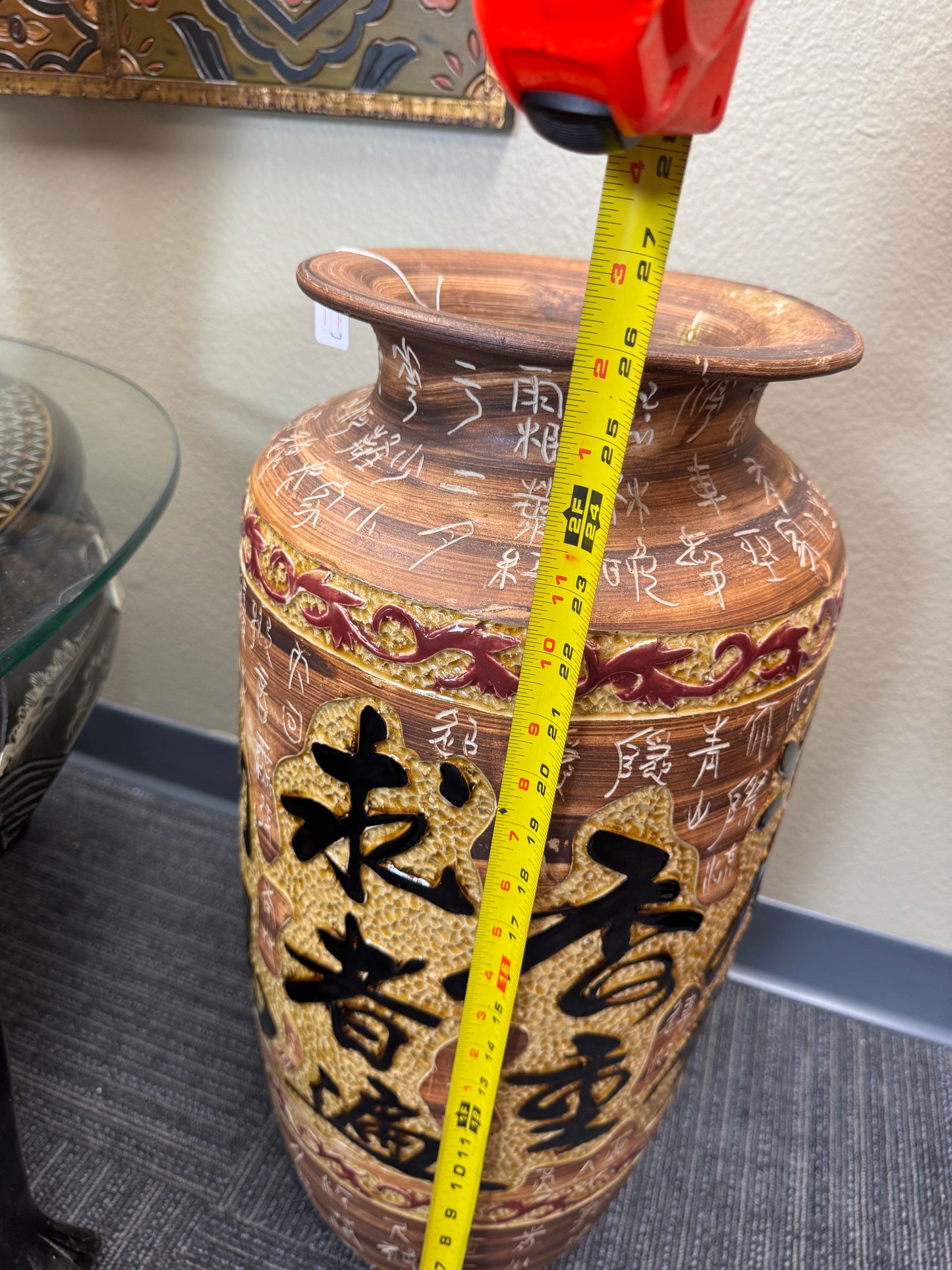 Set of 2 Large Asian Style Ceramic Floor Vases with Raised Calligraphy Decor
