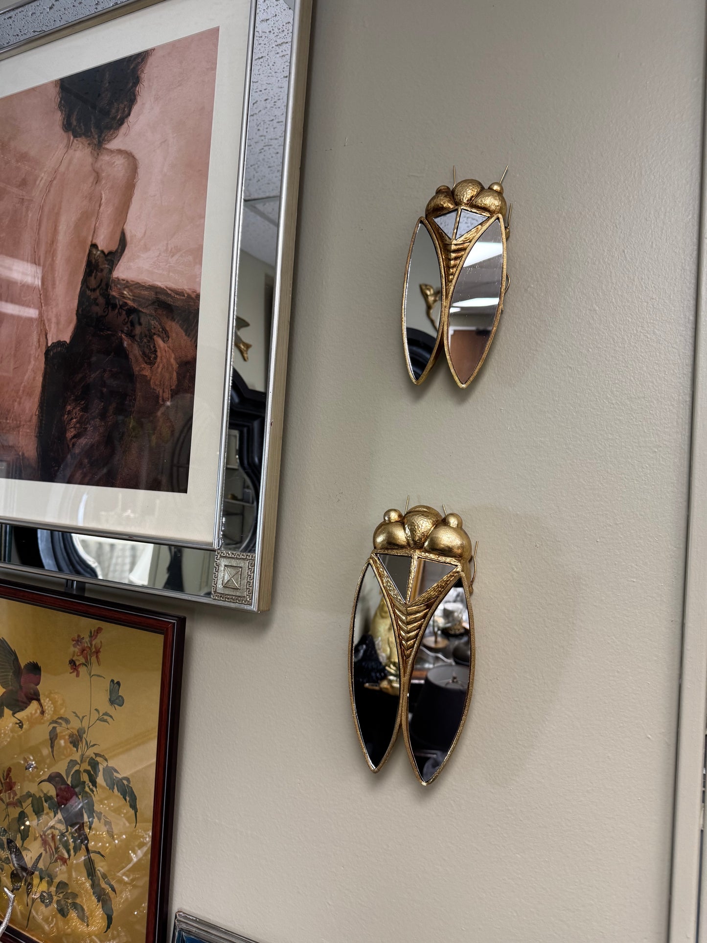Set of 2 Cicada Wall Mirrors – Resin Gold Finish Insect Decor, Large & Small Sizes