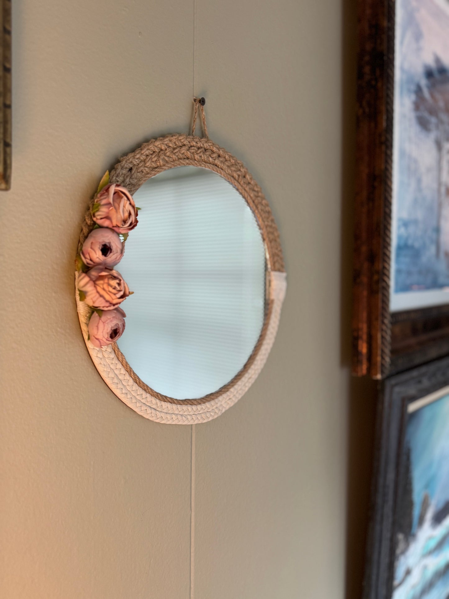Boho Round Wall Mirror with Rope Frame & Floral Accent, Small Decorative Jute Mirror Wall Décor