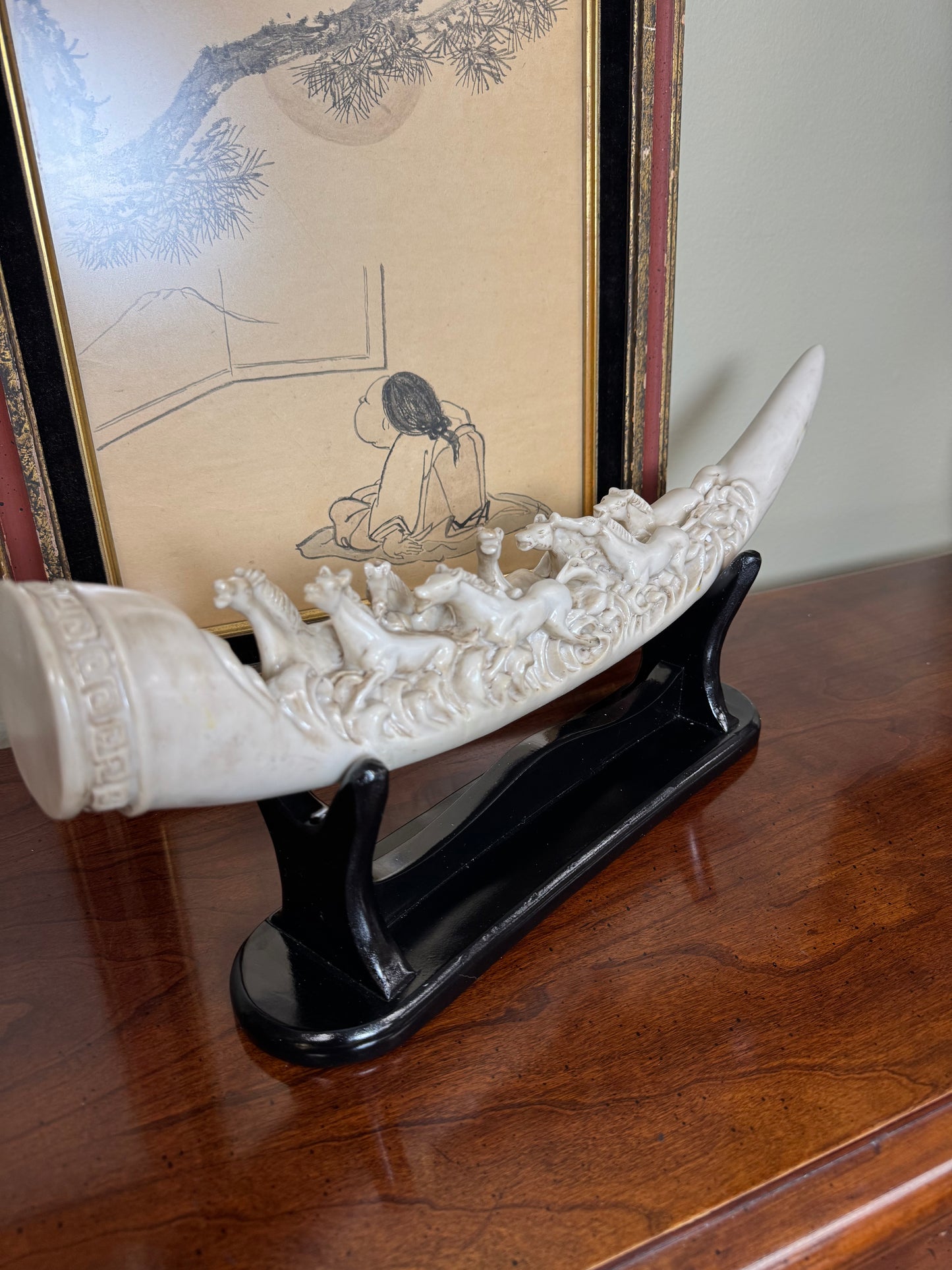 Decorative Resin Elephant Tusk Sculpture with Running Horses on Wooden Stand