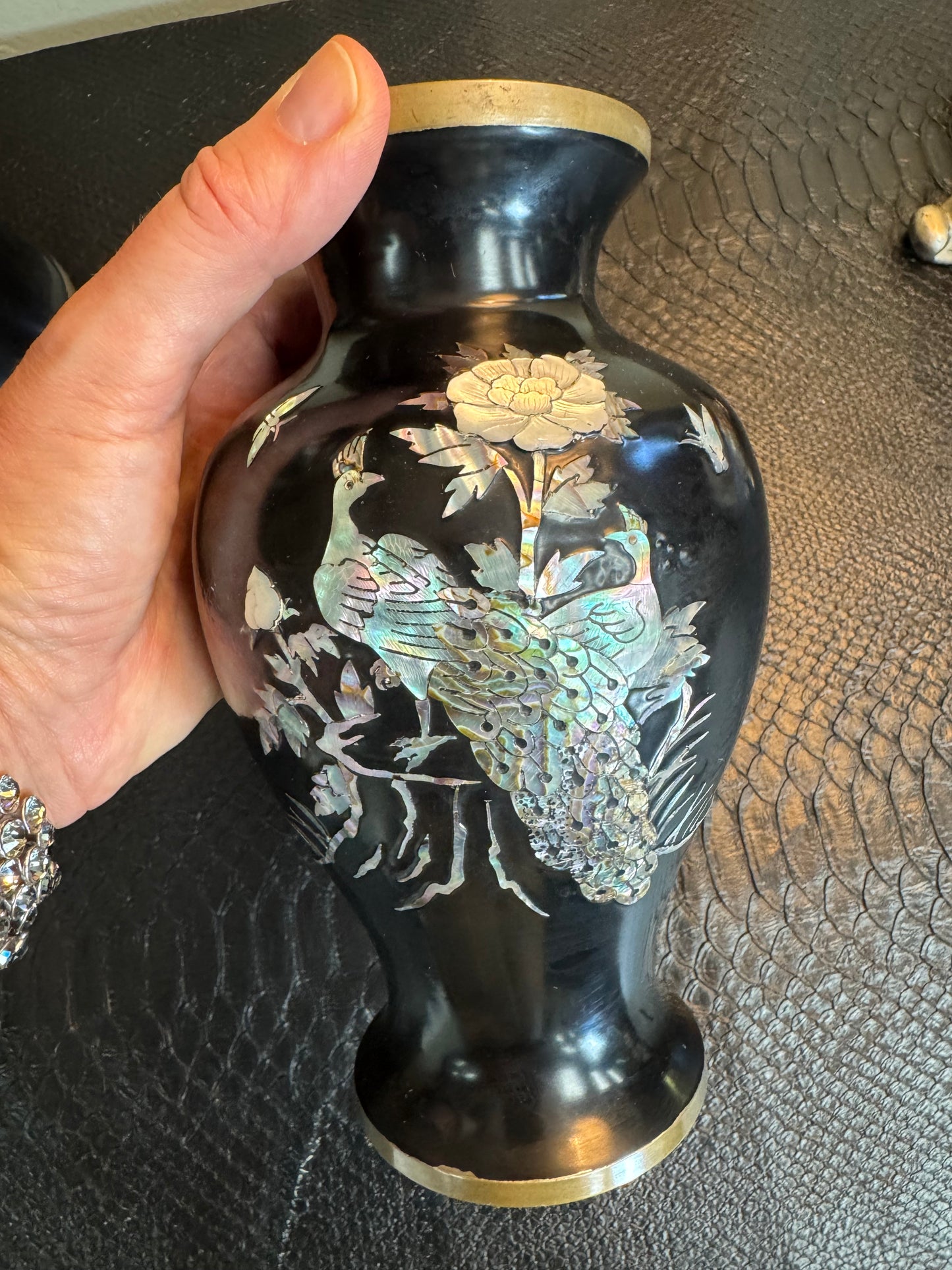 Vintage Korean Mother of Pearl Inlay Brass Vases – Set of 2 | Black Enamel | Peacock & Crane
