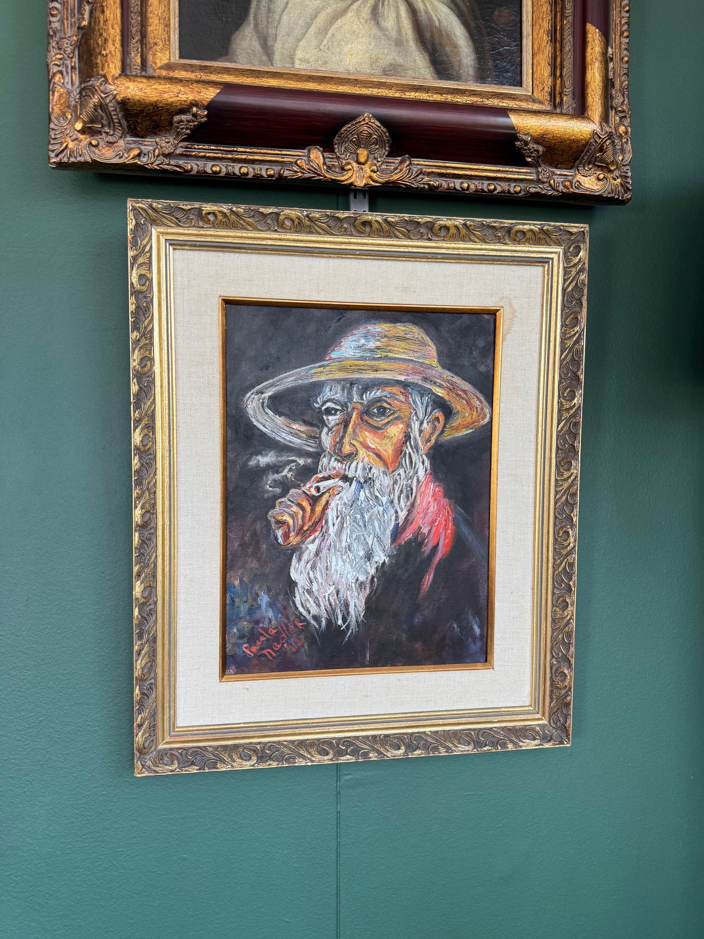 "The Smoker Man " – Original 1972 Oil Painting, Signed “Paula Nadler”, Framed Expressionist Portrait
