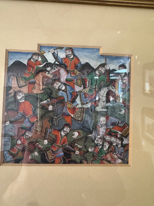 Set of 3 Framed Persian Miniature Style Battle Scene Prints – Vintage Middle Eastern Art Decor