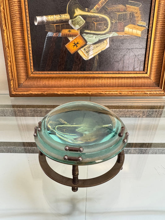 Vintage Glass Magnifying Lens on Brass Stand Decorative Optical Display