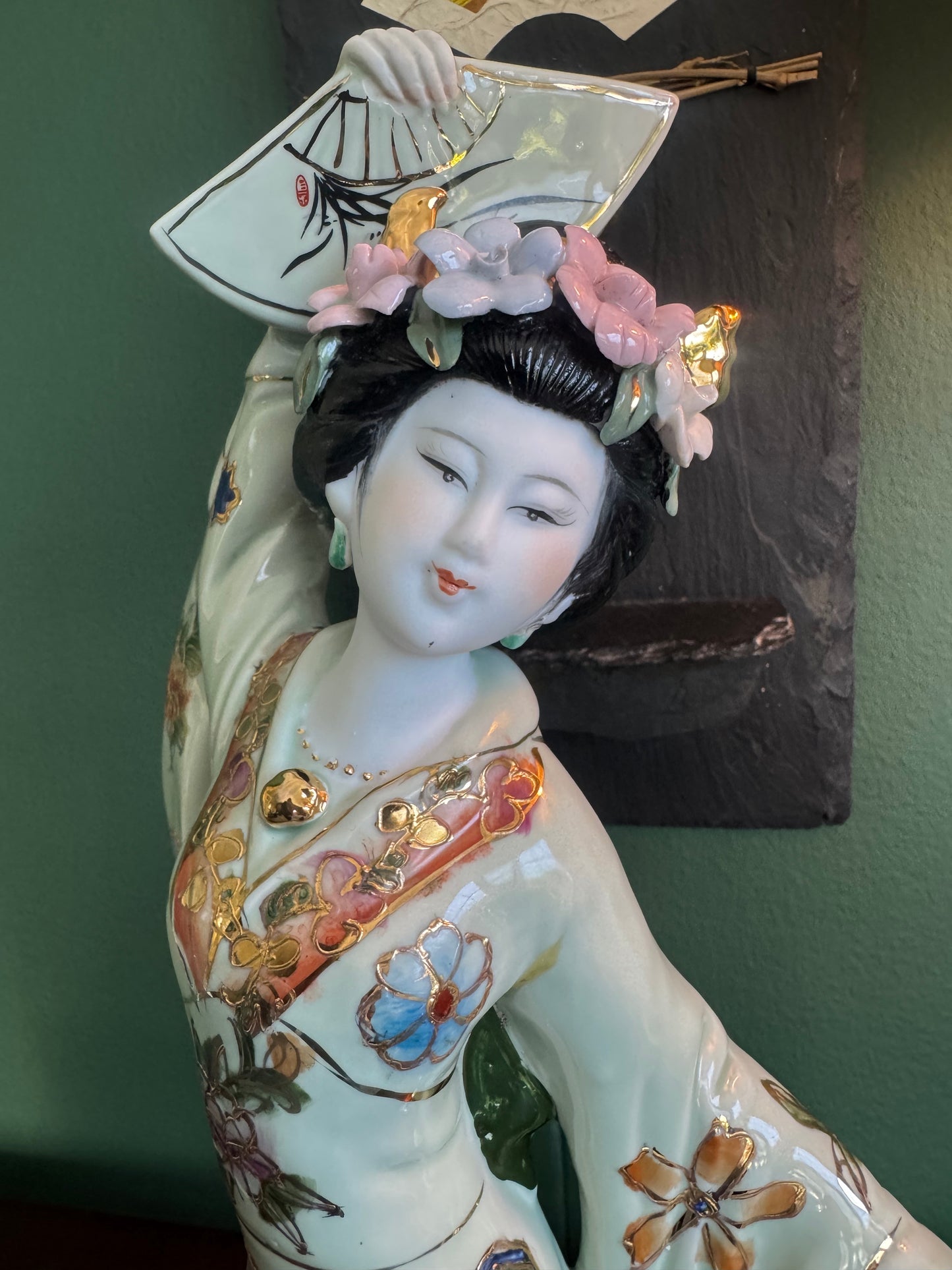 Japanese Geisha Porcelain Figurine with Fans – Hand Painted – 14.5"