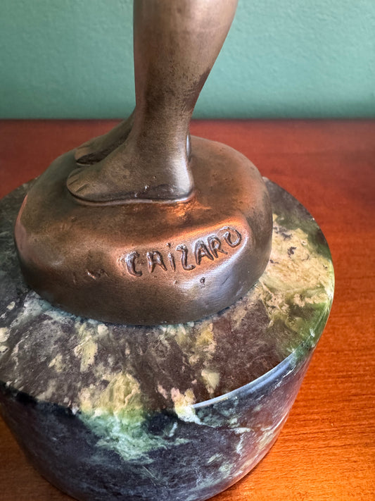 Signed CAIZARO Bronze Girl Figurine with Green Marble Base Tall-10"