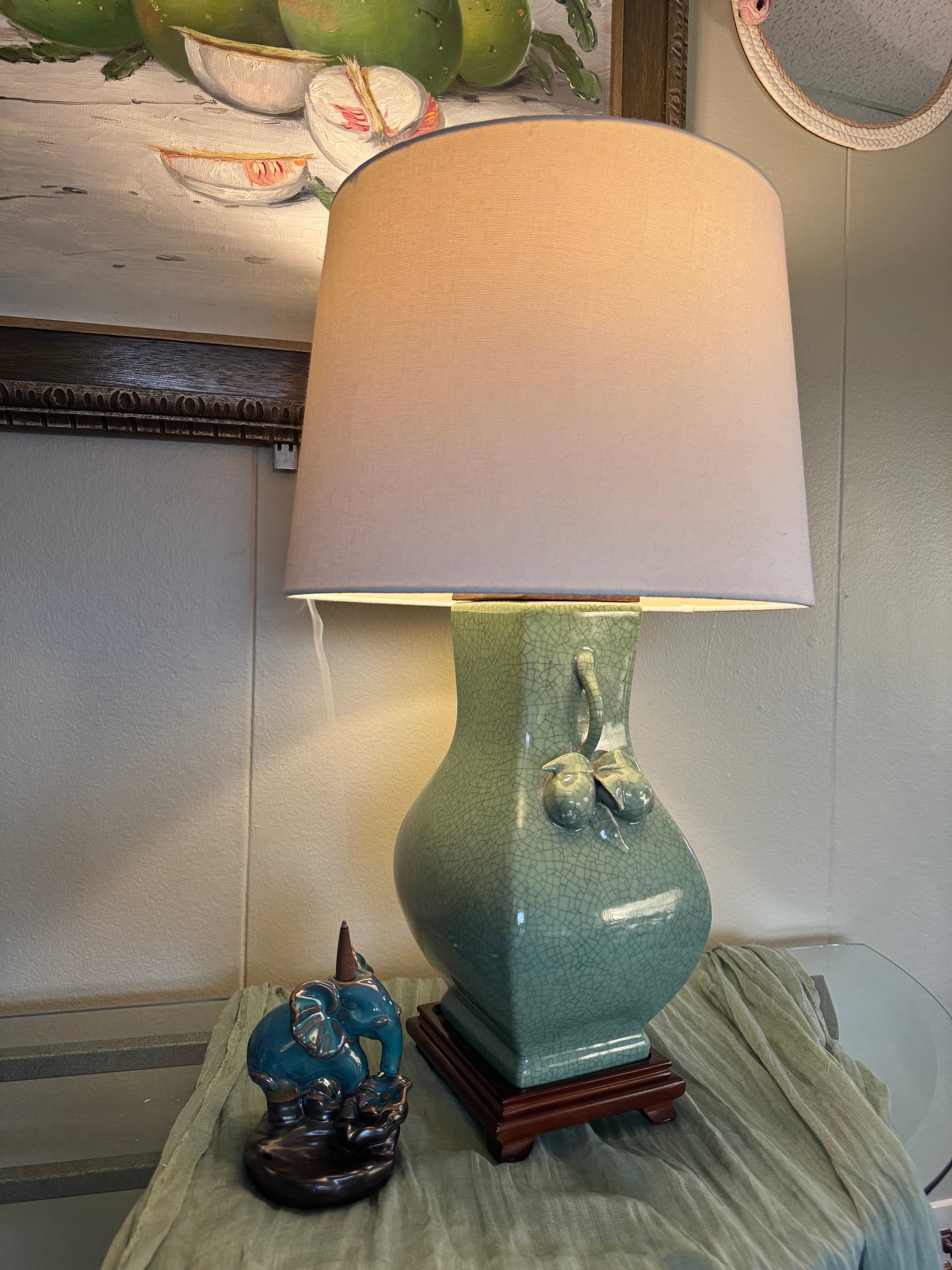 Vintage celadon crackle glaze ceramic table lamp, early 2000s, solid wood base.”