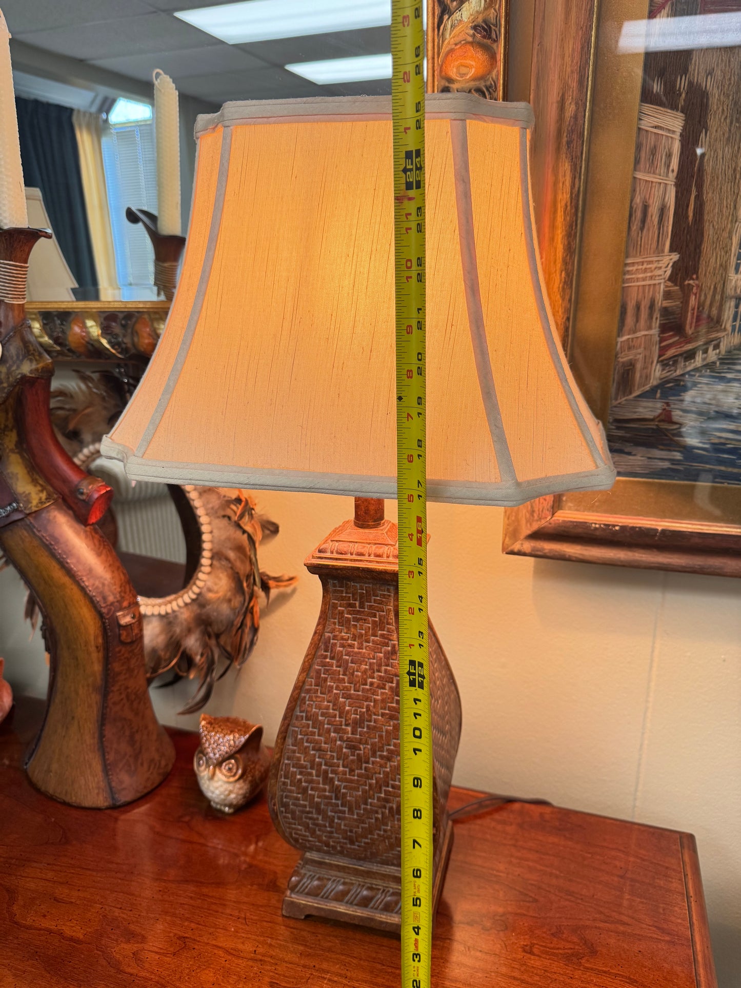 Set of 2 Textured Table Lamps, Woven Pattern Base, Neutral Fabric Shades, Tall 25