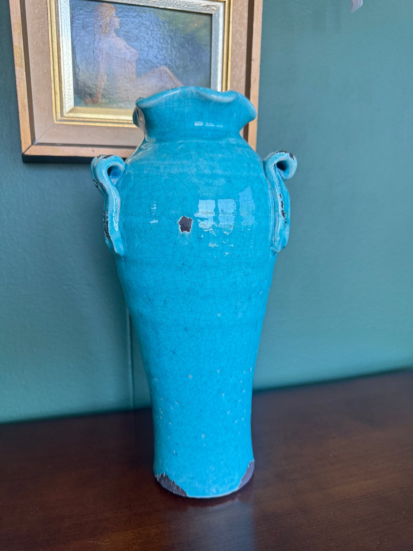 Turquoise Crackle Glaze Heavy Metal Vase with Scroll Handles – 14”