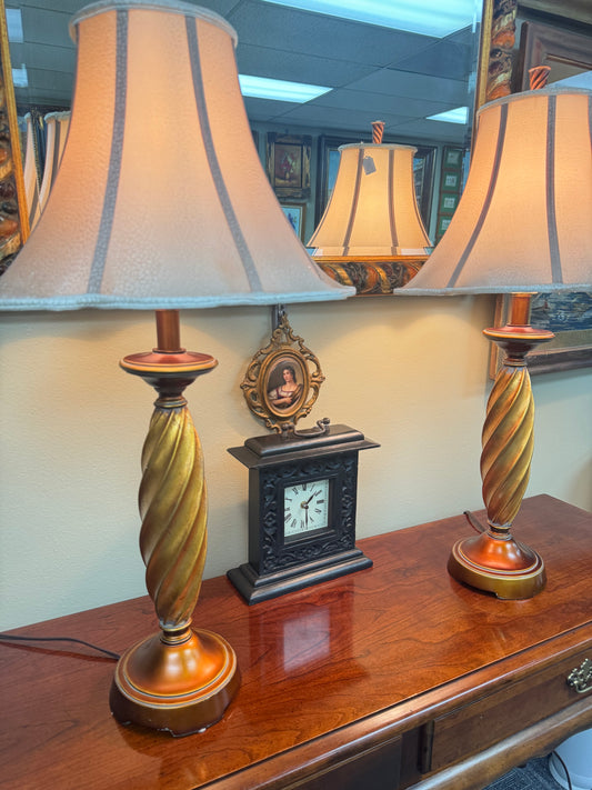 Pair of Traditional Table Lamps w/ Twisted Column Base & Beige Shades – 29” Tall – Classic Decor