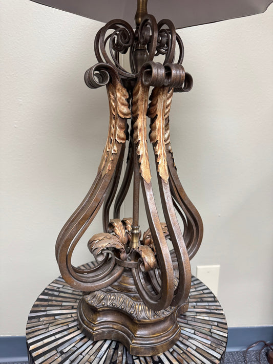 Ornate Scroll Metal Table Lamp w/ Red Shade – Traditional Tuscan Style Accent Lighting Tall -35