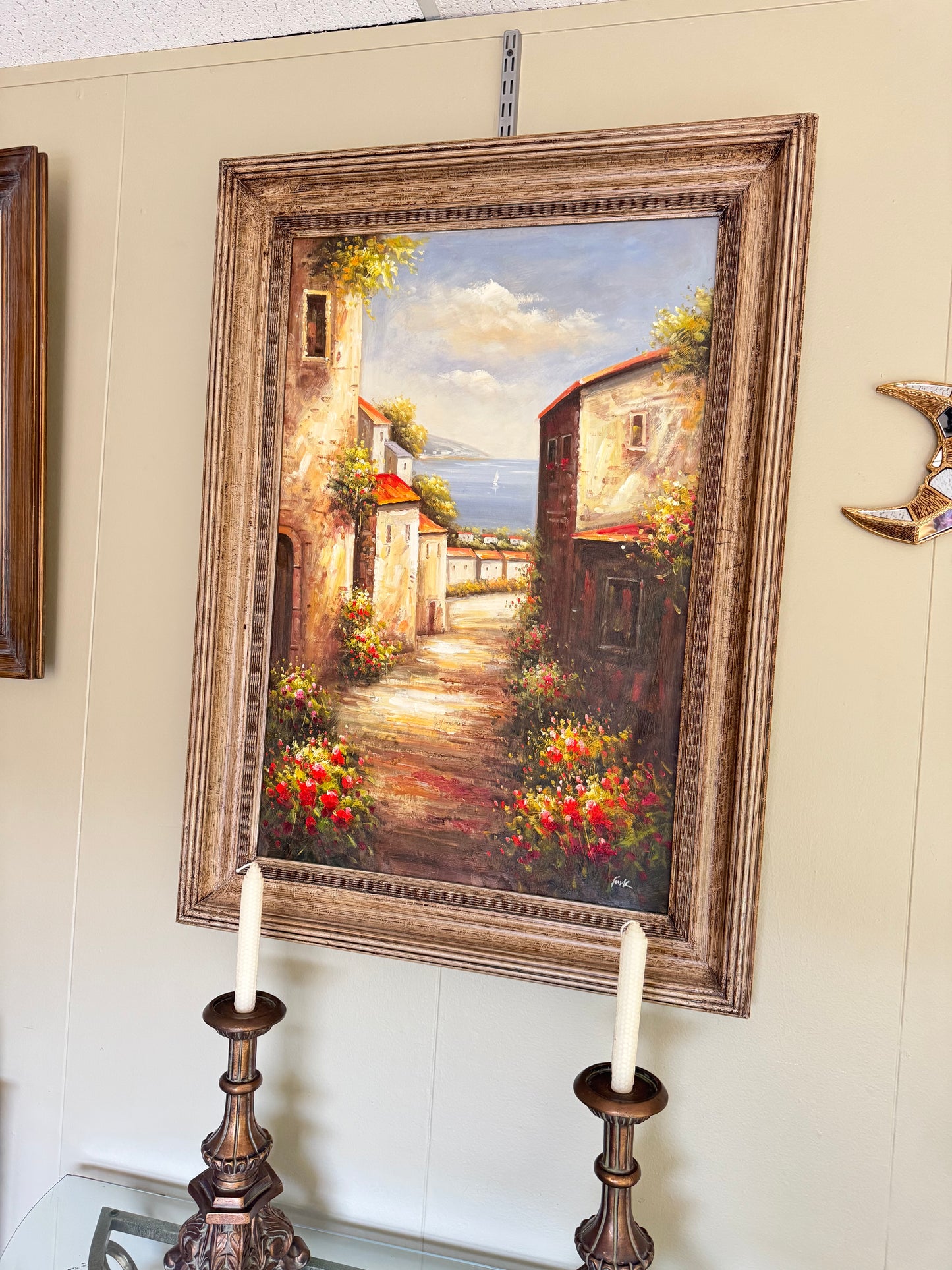 Large Framed Mediterranean Coastal Village Oil Painting Signed “Frank” 42x31 Impressionist Wall Art