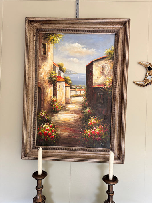 Large Framed Mediterranean Coastal Village Oil Painting Signed “Frank” 42x31 Impressionist Wall Art