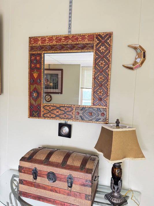 Vintage Carved Wood Wall Mirror 30x30, Hammered Metal Trim, Spanish Mediterranean Decor, Floral Frame Statement Mirror