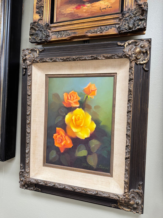 Vintage Original Oil Painting Roses by Marjorie Sharpe – Framed Floral Still Life, Romantic Cottage Wall Art, 22x24