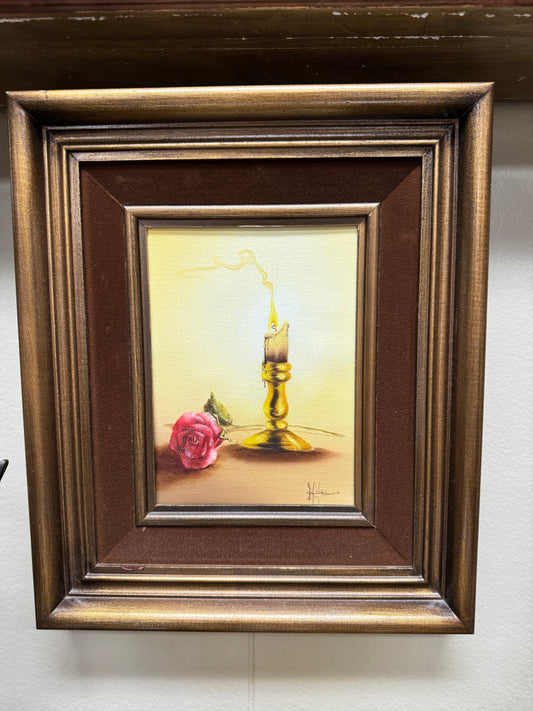 Vintage Signed Still Life Oil Painting Rose & Candle Romantic Cottage Wall Art Framed 12x11