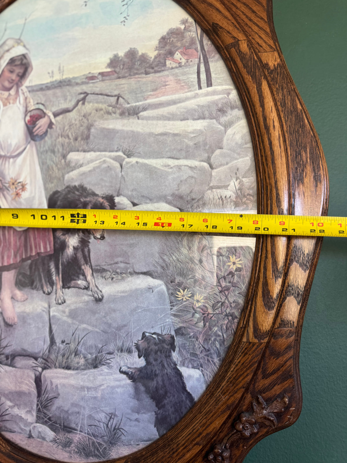 Vintage Country Girl with Dogs Art Print in Ornate Oval Wood Frame