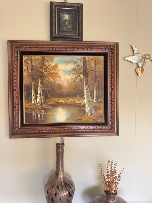Vintage Birch Tree Landscape Oil Painting Framed Wall Art Rustic Nature Decor 32x26