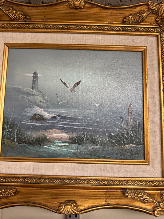 Set of 4 Coastal Lighthouse Seascape Paintings Framed Nautical Ocean Boat Wall Art Gold Ornate Frames 16x13