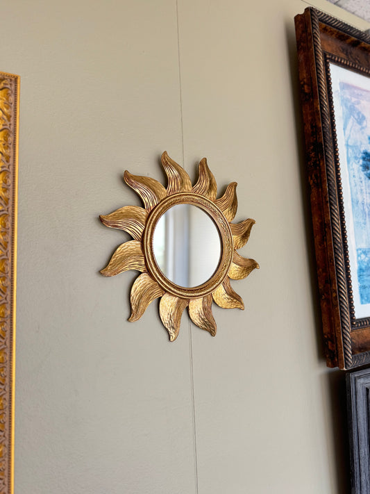 Gold Sunburst Wall Mirror Small 13” Round Decorative Hollywood Regency Style